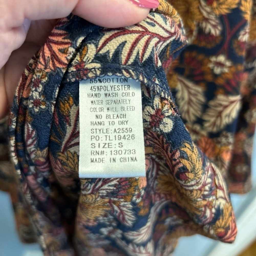 Umgee Women’s Dress Size Small Gold Brown Navy Floral V-Neck Ruffle Bell Sleeve - Picture 3 of 5